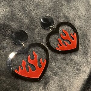 Acrylic Black Heart Fire Earings 2.5”